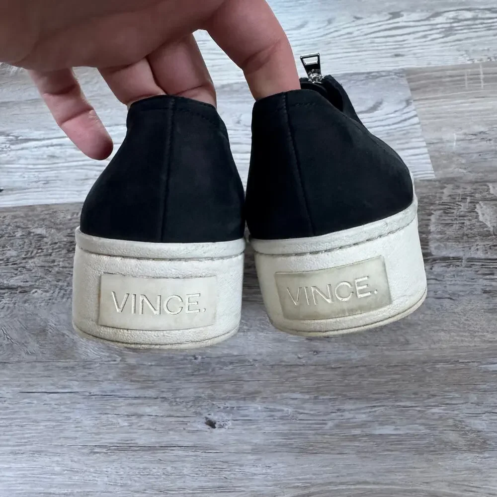 Vince Black Suede Platform Slip-On Sneakers Front Zip Womens 7.5